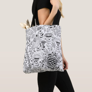 Doodmuster für Vögel und Blume Tasche