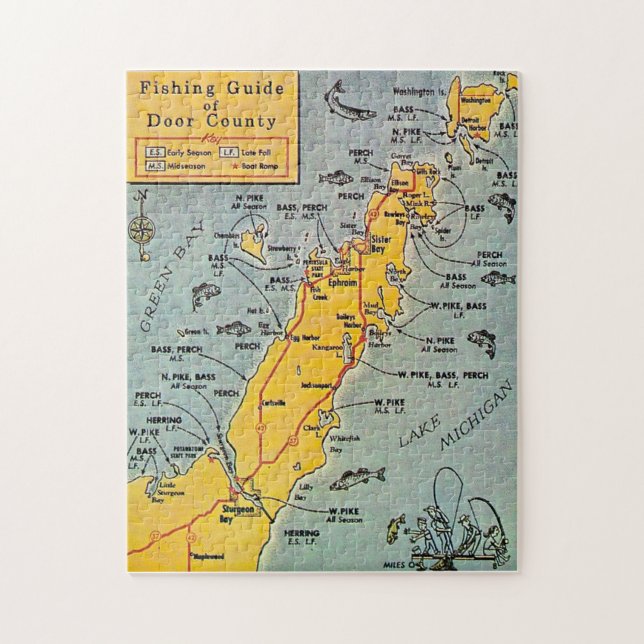 "Door County Fishing Map 11x14 Jigsaw Puzzle (Vertikal)