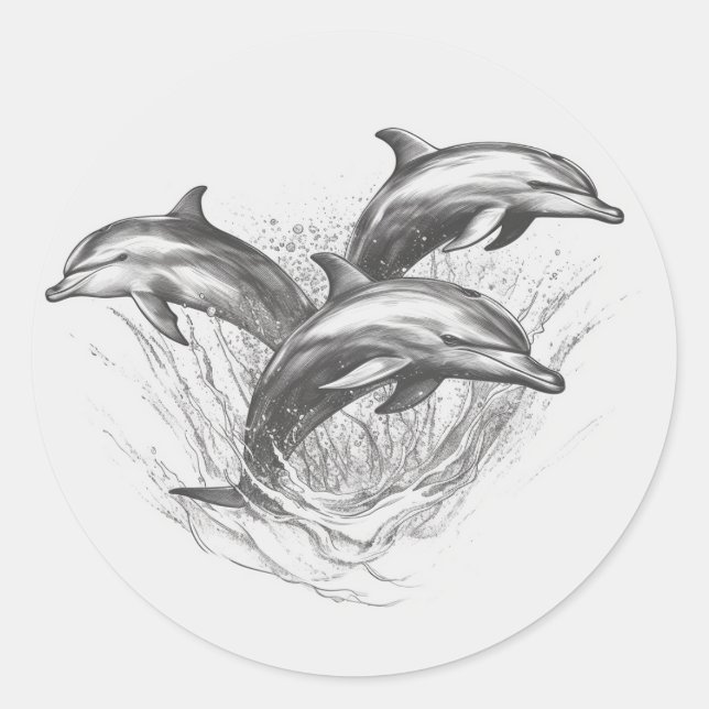 Dophin Group Black and White Stift Art Runder Aufkleber (Vorderseite)