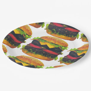 Doppel-Deluxe Hamburger mit Käsepapier-Tellern Pappteller