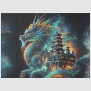 Doppel-Exposition chinesischer Drache und Tempelde Seidenpapier