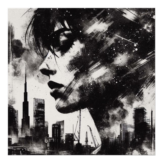 Doppel-Exposition Mädchen und Stadt Skyline, Schwa Fotodruck (Vorne)