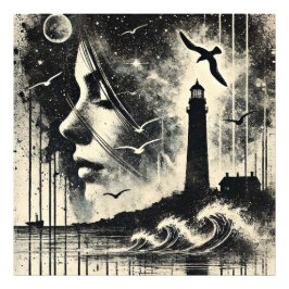Doppel-Exposure Girl mit Leuchtturm und Möwe Fotodruck