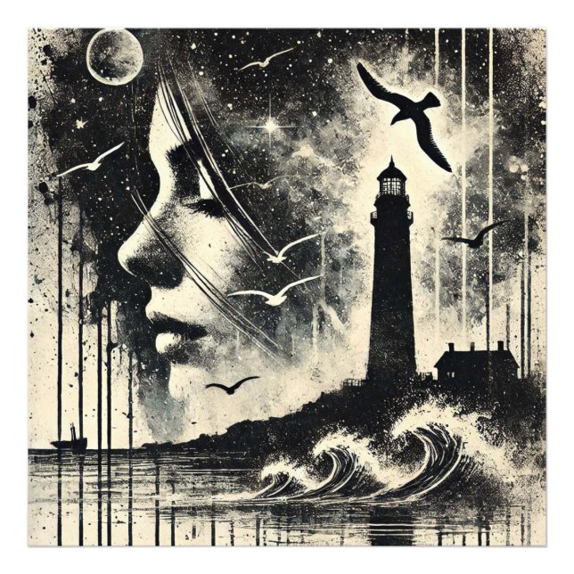 Doppel-Exposure Girl mit Leuchtturm und Möwe Fotodruck (Vorne)