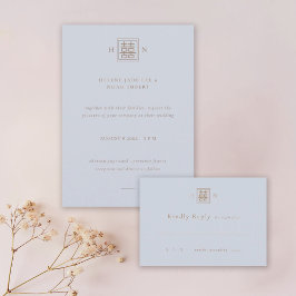 Doppel-Glück Dusty Blue & Gold chinesische Hochzei RSVP Karte