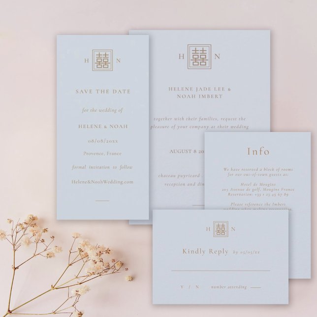 Doppel-Glück Dusty Blue & Gold chinesische Hochzei Save The Date (Von Creator hochgeladen)