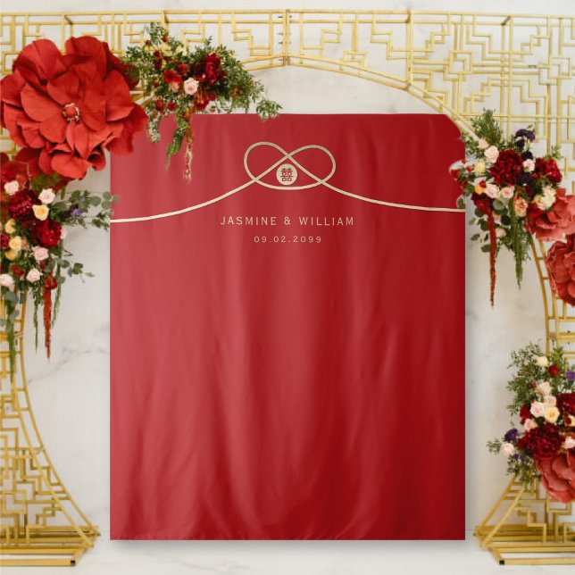 Doppel Glück Gold Knot Wedding Foto Hintergrund Wandteppich (Simple Double Happiness Gold Knot Chinese Wedding Photo Backdrop Tapestry @ fatfatin_red_knot)