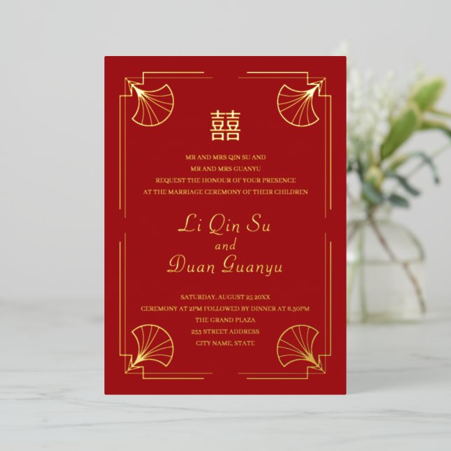 Doppel Glück Red & Gold Chinesisch Hochzeit Real Folieneinladung (Stehend vorne)