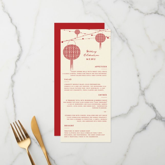 Doppel Glück Red Lanterns Chic Chinese Wedding Menükarte (Vorderseite/Rückseite Beispiel)