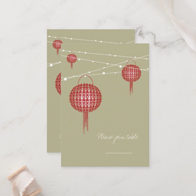 Doppel Glück Red Lanterns Chic Chinese Wedding Platzkarte (Vorderseite/Rückseite Beispiel)