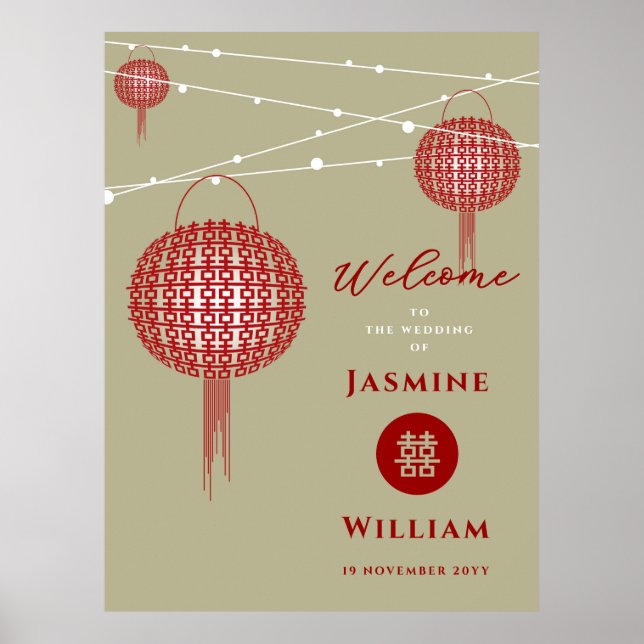 Doppel Glück Red Lanterns Chic Chinese Wedding Poster (Vorne)