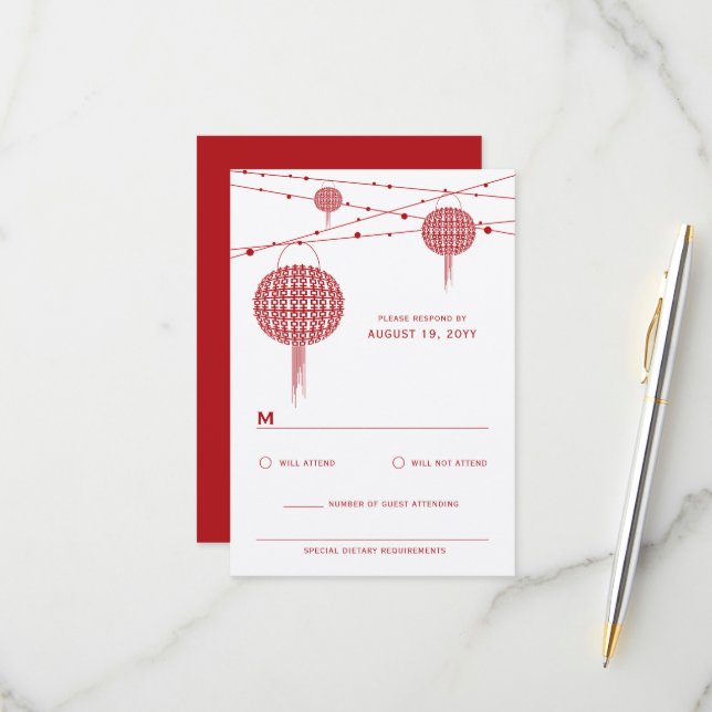 Doppel Glück Red Lanterns Chic Chinese Wedding RSVP Karte (Vorderseite/Rückseite Beispiel)