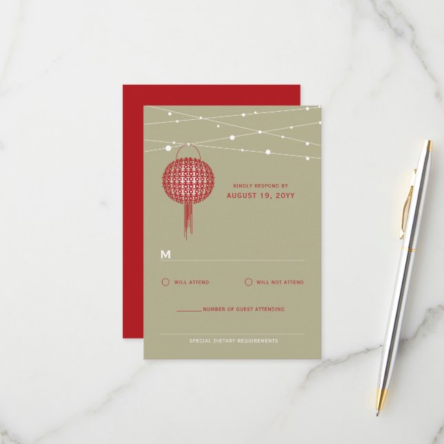 Doppel Glück Red Lanterns Chic Chinese Wedding RSVP Karte (Vorderseite/Rückseite Beispiel)