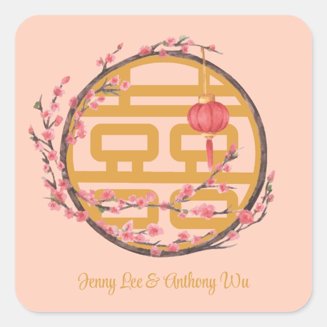 Doppel-Glück Sakura Chinesische Hochzeit Quadratischer Aufkleber (Vorderseite)
