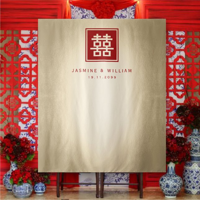 Doppel-Happy Chinesisch Hochzeit Foto Hintergrund Wandteppich (Red/Gold Classic Square Double Happiness Chinese Wedding Photo Backdrop Tapestry @ fatfatin_red_knot)