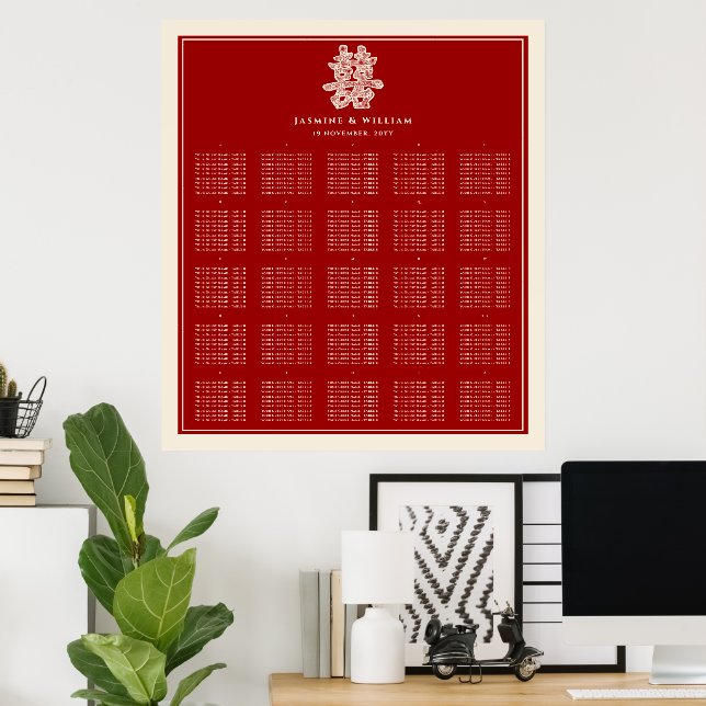Doppel Happy Red Chinese Wedding Seating Chart Poster (Heimbüro)