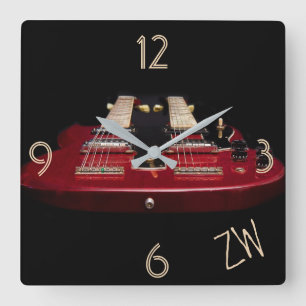 Doppel Neck Red Electric Gitarre Quadratische Wanduhr