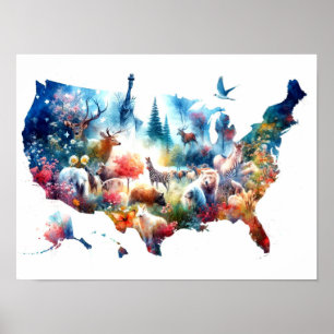 Doppelbelichtete USA-Karte und Tiere Poster