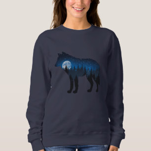 Doppelbelichtete Wolf Silhouette Monlit und Sterne Sweatshirt