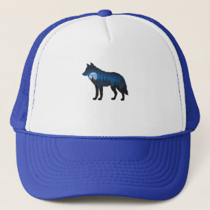 Doppelbelichtete Wolf Silhouette Monlit und Sterne Truckerkappe
