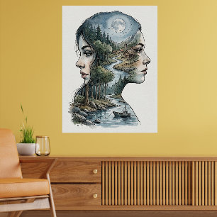 Doppelbelichtung Natur Silhouette Aquarell Poster