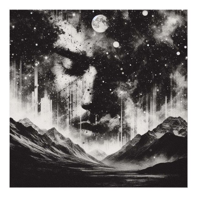 Doppelbelichtungs-Portrait mit Starry Sky Mountain Fotodruck (Vorne)