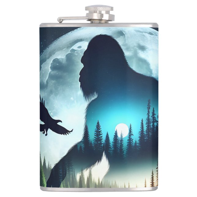 Doppelexposition Bigfoot, Adler und Vollmond Flachmann (Vorderseite)
