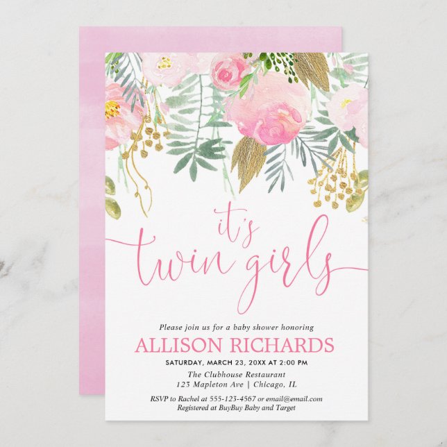 Doppelgrün-BlumenAquarell der mädchen rosa Gold Einladung (Vorne/Hinten)