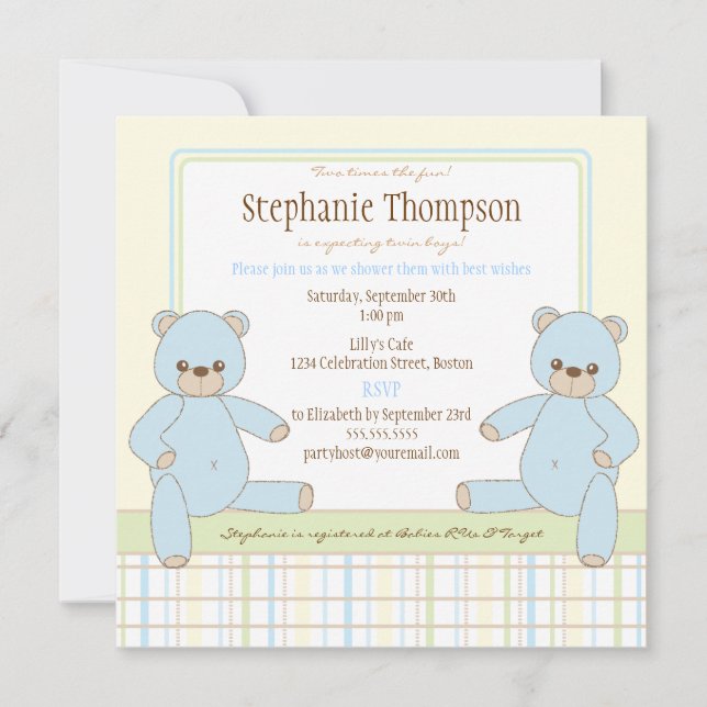 Doppeljungen-Teddybär-Babyparty-Einladung Einladung (Vorderseite)