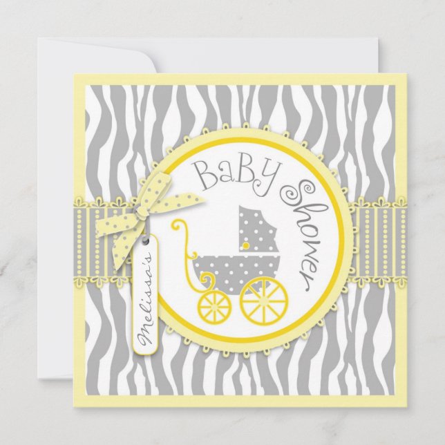 DOPPELKinderwagen, Zebra-Druck-Gelb-Babyparty Einladung (Vorderseite)