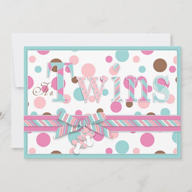 DOPPELmädchen rosa Aqua Brown punktiert Babyparty Einladung (Vorderseite)