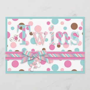 DOPPELmädchen rosa Aqua Brown punktiert Babyparty Einladung