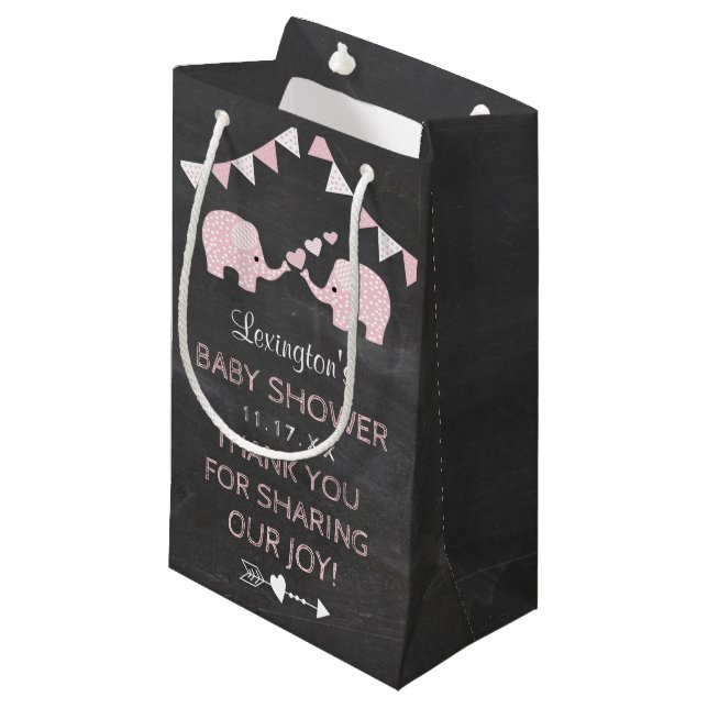Doppelmädchen-rosa Elefant-Babyparty danken Ihnen Kleine Geschenktüte (Vorderseite Schrägansicht)