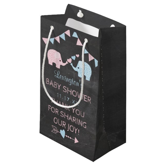 Doppelmädchen-und Jungen-Elefant-Babyparty danken Kleine Geschenktüte (Vorderseite Schrägansicht)