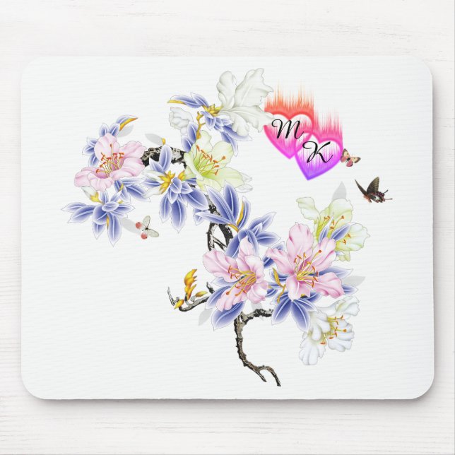 Doppelmonogramm Flammende Herzen mit Blumen Mousepad (Vorne)