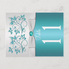 Doppelseitige Aqua-Tischnummer und silberne Blüten Postkarte