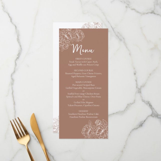 Doppelseitige Mocha Mousse Boho Blumenhochzeit Bar Menükarte (Vorderseite/Rückseite Beispiel)