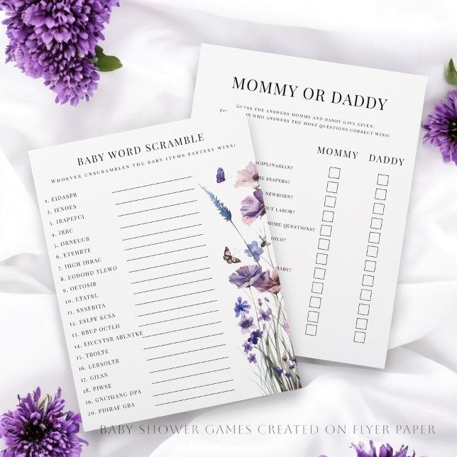 Doppelseitiger Flyer für Babydusche (Baby shower games , created on  double sided flyer paper , creating two games for one sheet)