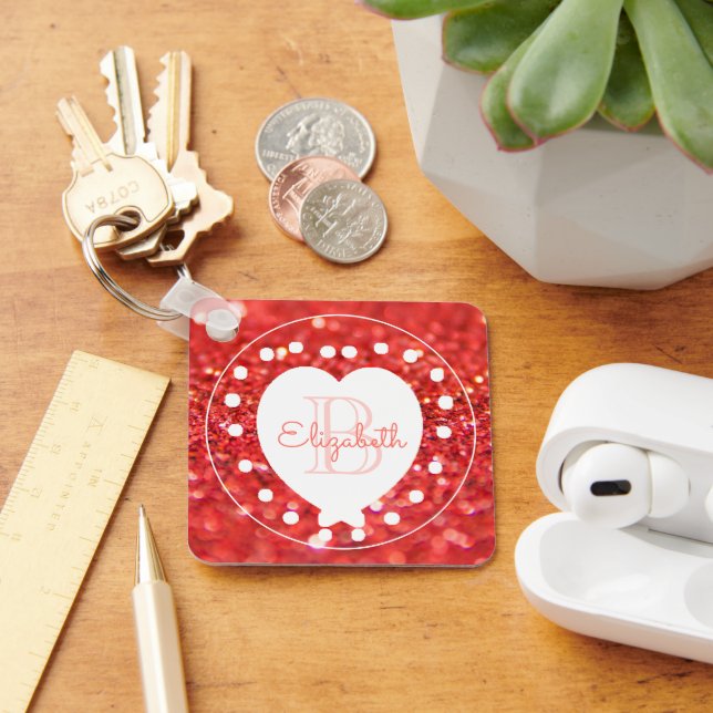 Doppelseitiger KorallenGlitzer Weißes Herz Schlüsselanhänger (Schreibtisch)