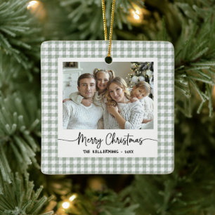 Doppelseitiges grünes Gingham Zwei-Foto Keramikornament