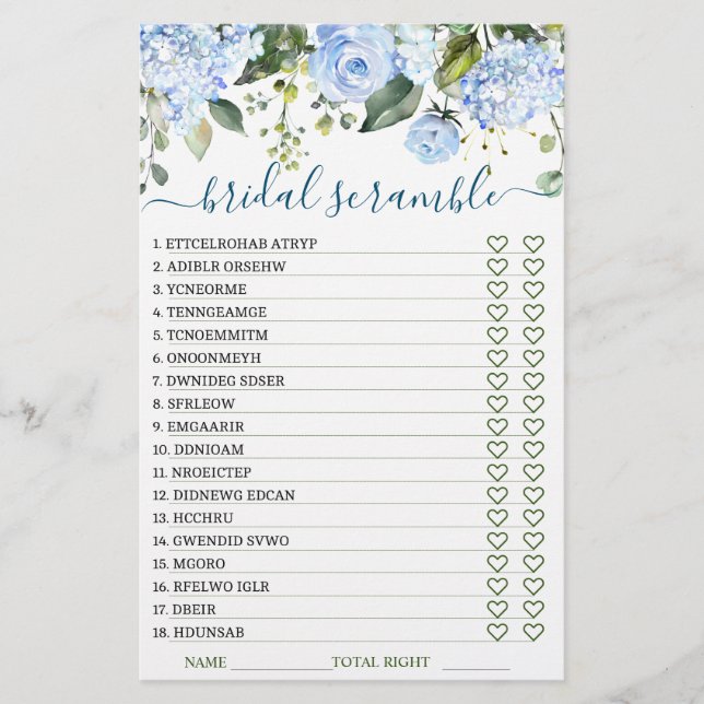DOPPELSIDED Blue Hydrangea Brautparty Game (Vorderseite)