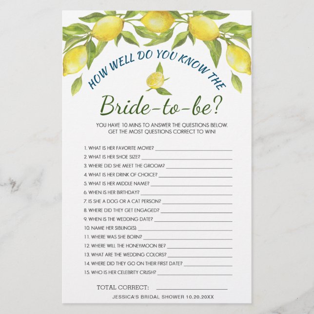 DOPPELSIDED Lemons & Greenery Brautparty Game (Vorderseite)