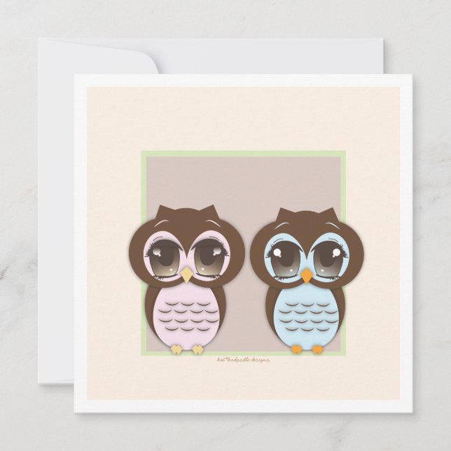 Doppelte die Freude!  Twin Owl Boy Girl Baby Dusch Einladung (Vorderseite)