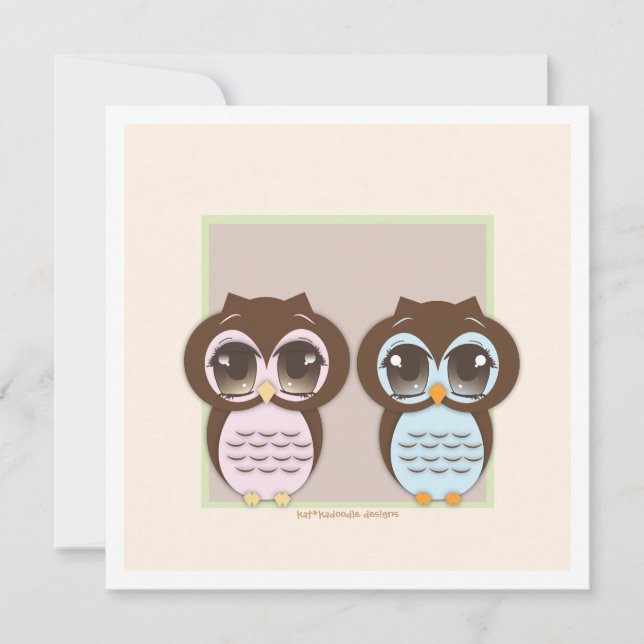 Doppelte die Freude!  Twin Owl Boy Girl Babydusche Einladung (Vorderseite)