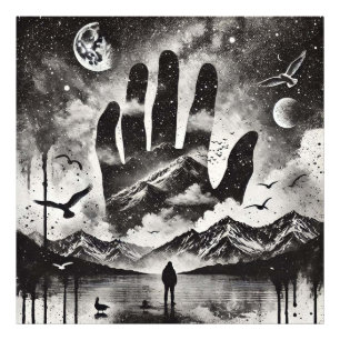 Doppelte Exposition Hand in Berglandschaft Himmel Fotodruck