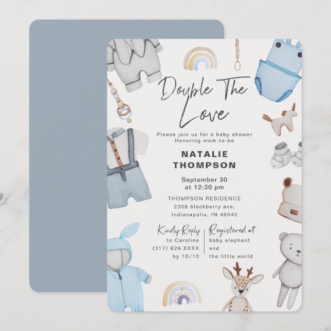 Doppelte Liebe Kleidung Twin Boys Babydusche Einladung (Vorne/Hinten)