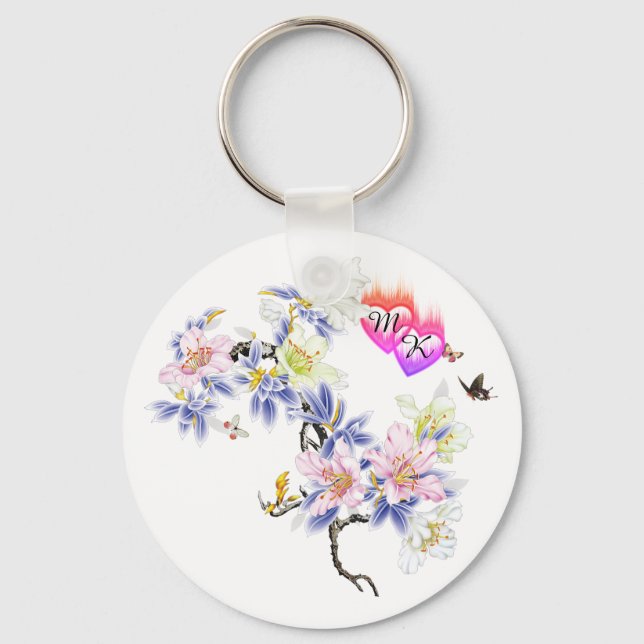 Doppelte Monogramm Flammenhefte mit Blume Schlüsselanhänger (Vorderseite)