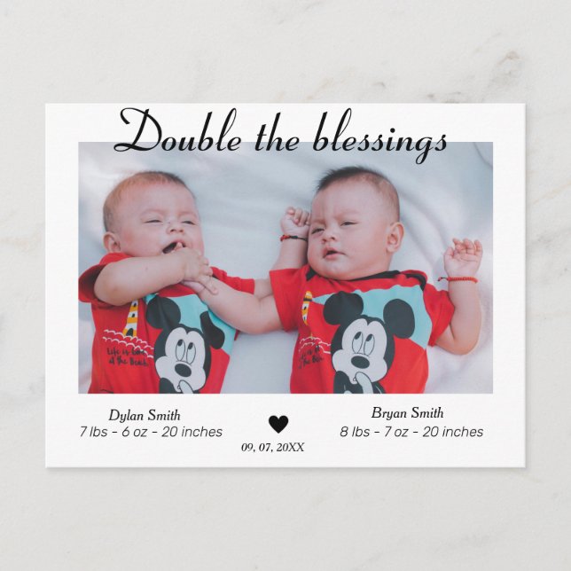 Doppelte Segen Twins Foto Geburtsankündigung Postkarte (Vorderseite)