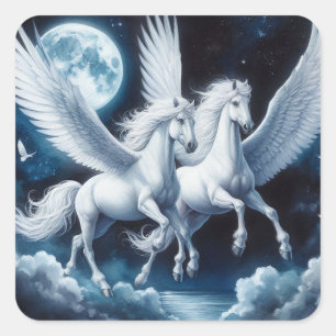Doppelter Pegasus fliegt mit dem Mond hinter ihnen Quadratischer Aufkleber