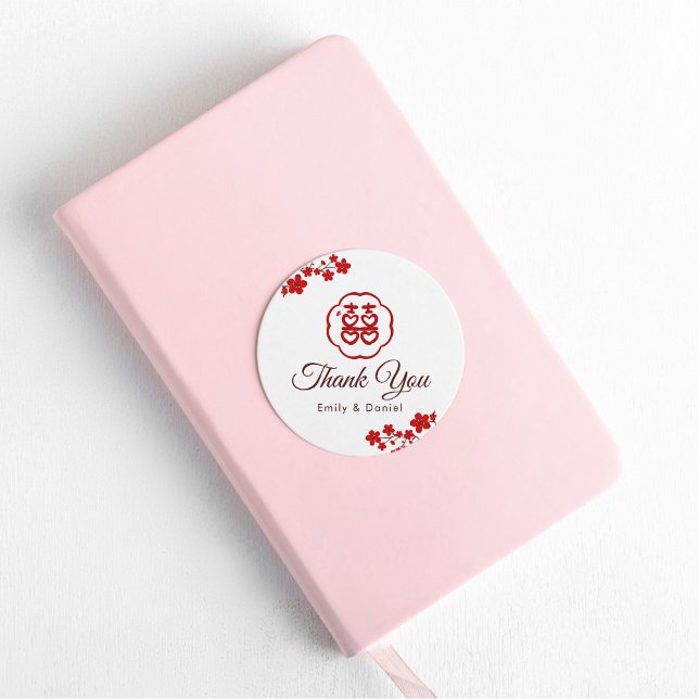 Doppeltes Glück Elegante Chinesische Hochzeit Dank Runder Aufkleber (Von Creator hochgeladen)